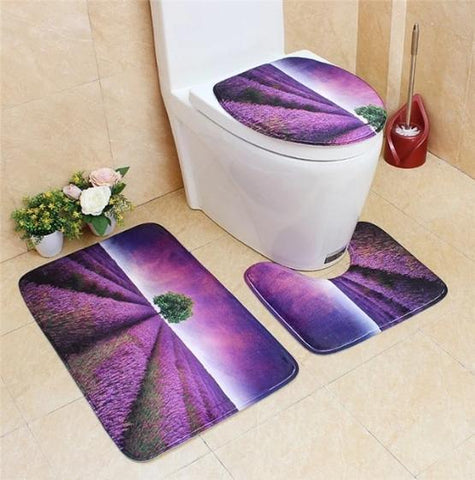 Tapis de toilette nuance violet et champs de lavande
