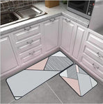 Mise en situation du tapis de cuisine sobre et beau gris et rose