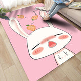 grand tapis rectangulaire rose avec un lapin blanc qui bâille dessus
