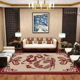tapis de salon japonais dragon rouge sur fond beige, présenté dans salon tipyque