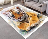 Grand tapis de salon avec image d'un bébé tigre presenté dans une ambiance ' salon contemporain'